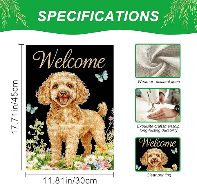 IVN Summer Poodle Dog Garden Flag 12x18 Inch Welcome Poodle Butterflies Wildflowers Double Sided Yard House Flag Seasonal Outdoor Decoration for Outside Home Front Door Lawn Porch Patio Spring Decor
