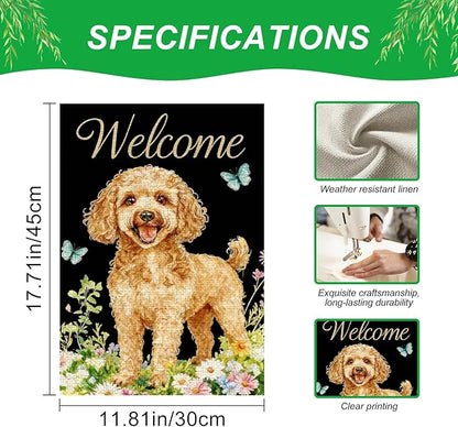 IVN Summer Poodle Dog Garden Flag 12x18 Inch Welcome Poodle Butterflies Wildflowers Double Sided Yard House Flag Seasonal Outdoor Decoration for Outside Home Front Door Lawn Porch Patio Spring Decor