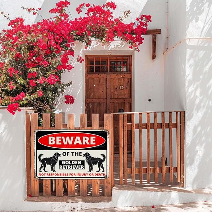 Beware Of The Dog Golden Retriever Sign Aluminum Metal Tin Signs Outdoor Yard Sign Warning Sign For Fence Yard Home Kitchen Farm Garden Wall Decor 8x12 Inch