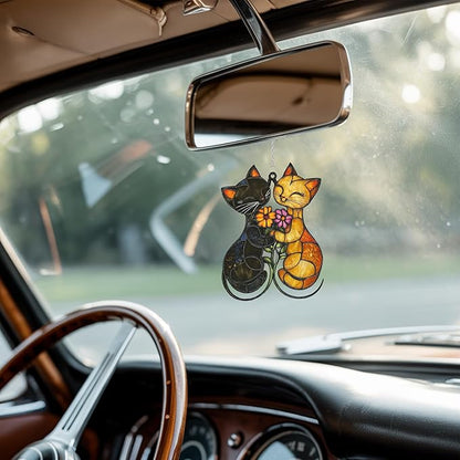 Cat Couple with Flower Acrylic Suncatcher, Flower Suncatchers for Window Hangings, Stained Glass Effect Garden Decor, Gift for Mother's Day, Mom, Grandma, Wife, Women