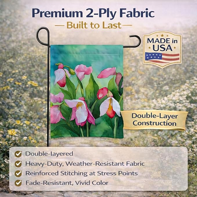 Caroline's Treasures Minnesota Pink and White Lady�s Slippers in Watercolor Garden Flag Mailbox Flag Decorative Yard Flag Banner Outside Patio Artwork Yard Flower Beds, Garden Size, Multicolor