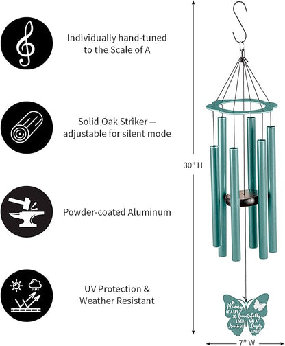 Evergreen Hand Tuned Memorial Wind Chime for Outside | in Memory of a Life| Scale of A | Deep Tone | Powder-Coated Metal | Blue | 30-Inches Tall | Sympathy Gift for Home Garden Decoration