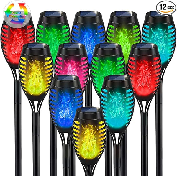 IkeeRuic 12Pack Christmas Yard Decorations, Multicolor Christmas Solar Lights for Outside Decor, LED Solar Flame Lights Outdoor for Xmas Decor, Waterproof Luces Solares for Yard Patio Garden Pathway