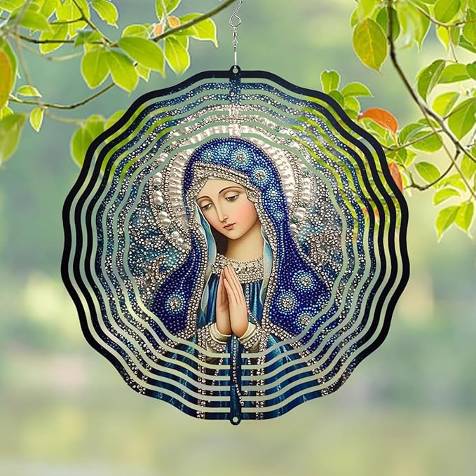 Virgin Mary Prayer Wind Spinner, Metal Wind Spinners Outdoor Indoor, Religious Virgin Mary Hanging Garden Decor for Outside, Stainless Wind Spinners for Yard and Garden 10 inch 3D (25.76X25 CM)