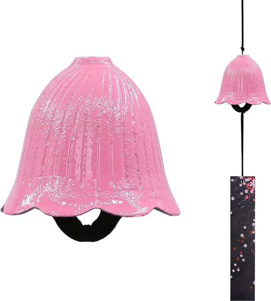Japanese Wind Chime Cast-Iron Outdoor Ornament for Garden, Patio & Balcony, Hanging Metal Wind-Bell Decoration Gift, Blessing Pendant Windchimes & PVC Wind-Catcher, Pink Flower