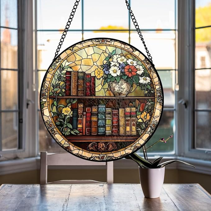 Book Suncatcher Stained Glass Window Hanging - 8 Inch Books Flowers Suncatchers for Windows Hanging - Sun Catchers Indoor Wall Decor Glass Panel with Hook - Bookish Gifts for Women Men Book Lovers