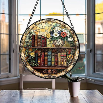Book Suncatcher Stained Glass Window Hanging - 8 Inch Books Flowers Suncatchers for Windows Hanging - Sun Catchers Indoor Wall Decor Glass Panel with Hook - Bookish Gifts for Women Men Book Lovers