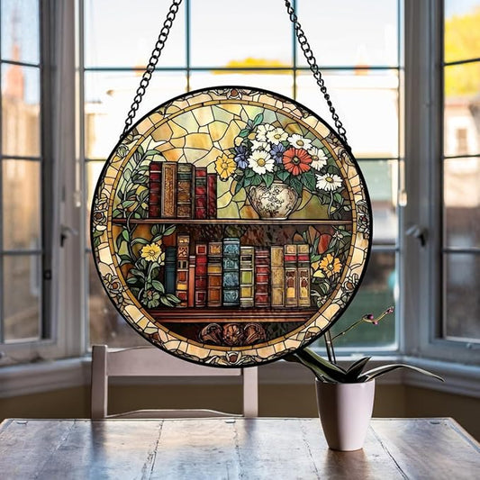 Book Suncatcher Stained Glass Window Hanging - 8 Inch Books Flowers Suncatchers for Windows Hanging - Sun Catchers Indoor Wall Decor Glass Panel with Hook - Bookish Gifts for Women Men Book Lovers