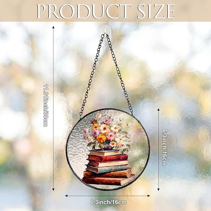 Mifoci 6.3 Inch Stained Glass Window Hanging Vintage Flower Suncatchers Indoor Window Book Lovers Gifts for Room Office Decor Aesthetic