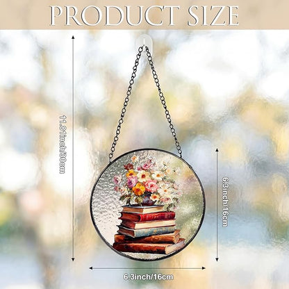 Mifoci 6.3 Inch Stained Glass Window Hanging Vintage Flower Suncatchers Indoor Window Book Lovers Gifts for Room Office Decor Aesthetic