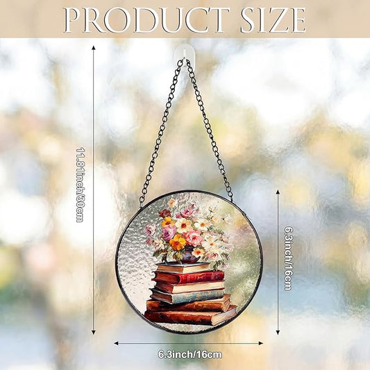 Mifoci 6.3 Inch Stained Glass Window Hanging Vintage Flower Suncatchers Indoor Window Book Lovers Gifts for Room Office Decor Aesthetic