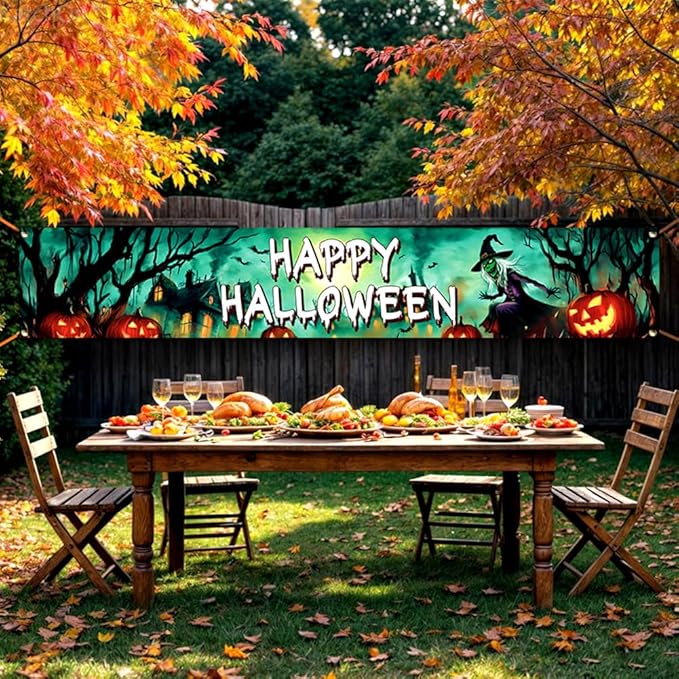 Happy Halloween Banner Large 120 x20 Inch Green Yard Sign Banner Flag Scary Halloween Party Hanging Decorations for Outdoor Fence Garage Garden Porch Holiday Backdrop Decor