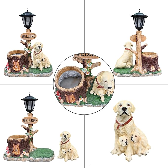 Solar Light Animal Outdoor Statue Planter with Welcome Sign, Resin Garden Sculpture Flower Pot for Patio Lawn Porch Yard Courtyard Decor, Weather-Resistant Decorative Figurine Accent (L)