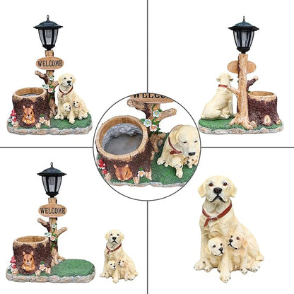 20" Solar Labrador Garden Statue with Welcome Sign & Planter - Large Dog Sculpture with LED Street Lantern - Weatherproof Resin Decorative Flower Pot for Porch, Yard & Patio - Pet Lover Gift