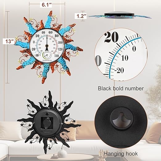 pealstar Waterproof Indoor Outdoor Thermometer 13 Inch Large Wall Thermometer with Hygrometer Decorative Metal Sun Outdoor Thermometers for Patio Garden Yard Living Room Decor