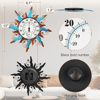 pealstar Waterproof Indoor Outdoor Thermometer 13 Inch Large Wall Thermometer with Hygrometer Decorative Metal Sun Outdoor Thermometers for Patio Garden Yard Living Room Decor