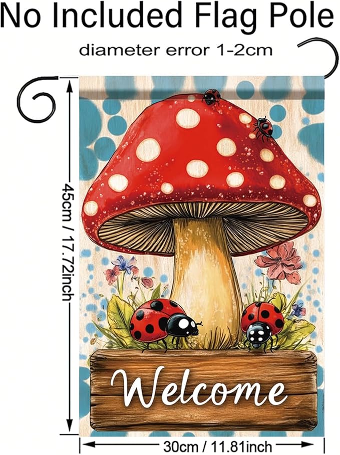 Spring Summer Garden Flag 12x18 Inch Mushroom Ladybug Welcome Woodland Floral Design Outdoor Yard Porch Lawn Garden for Seasonal Farmhouse Cottage Home Decor