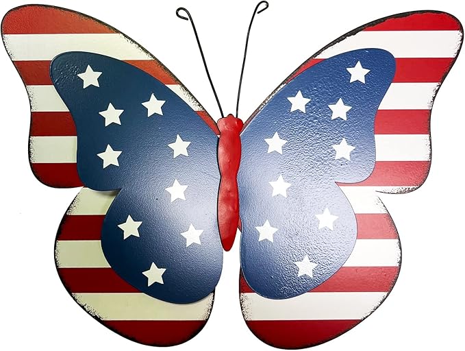 SAGUZOU Rustic Hanging Metal American Flag Patriotic Butterfly Wall Door Yard Signs 4th of July White Blue Red Independence Day Memorial Day Fence Decor Indoor Outdoor Decorations