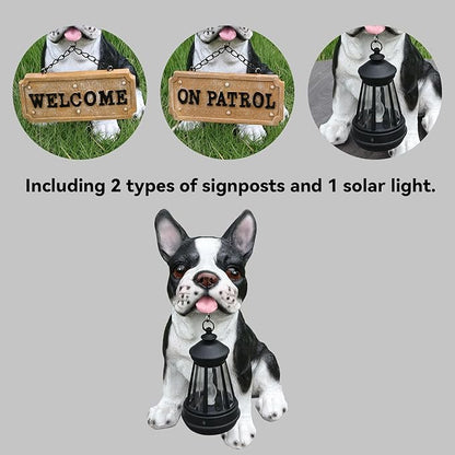 French Bulldog Statue with Solar Lantern & Double-Sided Sign, 10.6" Outdoor Dog Garden Sculpture, Waterproof Resin Frenchie Yard Art for Patio, Lawn, Porch Decoration, Gifts for Dog Lovers