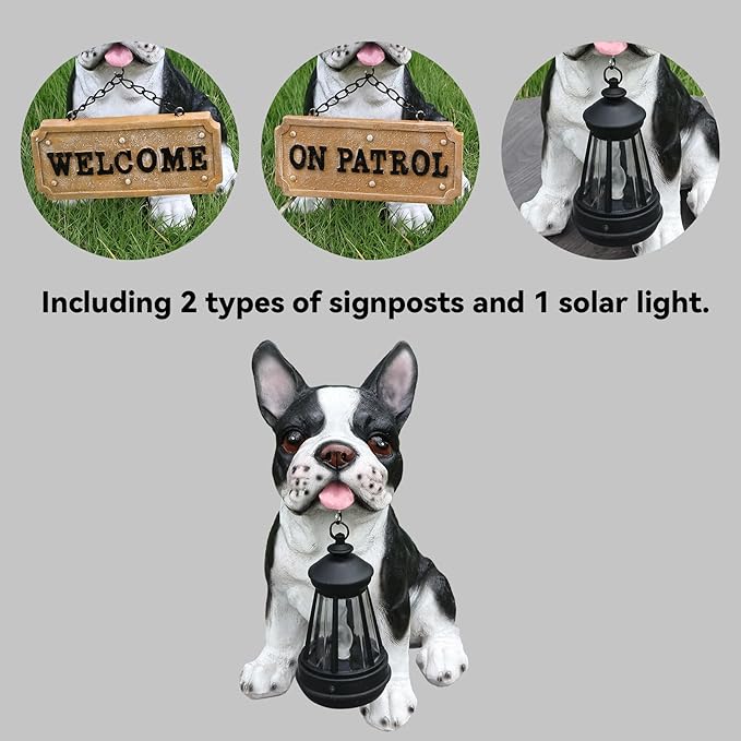Outdoor French Bulldog Dog Statue with Interchangeable Welcome Sign and Detachable Solar Lantern –LED Light Garden Dog Sculpture Décor, Cute Puppy Design for Yard, Porch, Gift