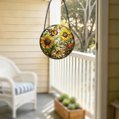 Stained Glass Window Hanging, Sunflower Sun Catchers Glass Panel Yellow Suncatcher Decor for Birthday, Women, Men, Wife, Aunt, Lovers, Home Garden 7.8 in