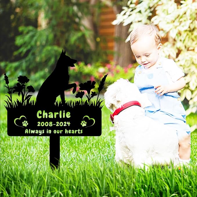 Custom German Shepherd Dog Memorial Grave Marker,Personalized Pet Dog Memorial Garden Stake,Flora Dog Memorial Plaque Burial Stake Engraved Sign,Dog Sympathy Grave Stake,Dog Statue Headstone
