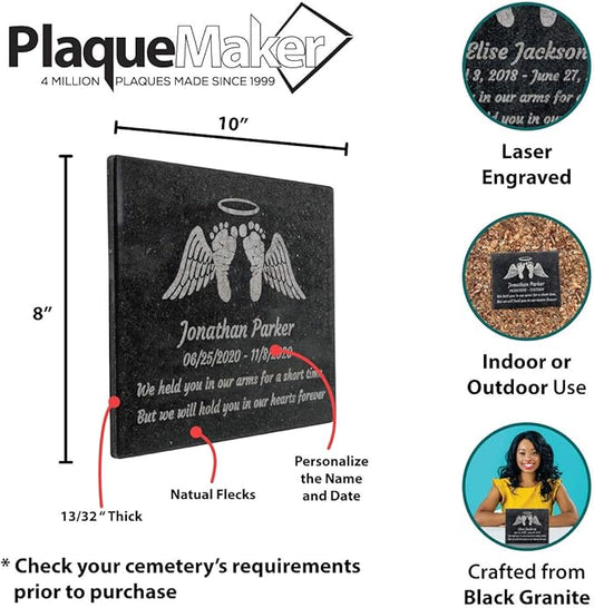 PlaqueMaker Black Granite Memorial Headstone Or Garden Memorial for Lost Infant or Child - Include You Personalized Text. Can be Used as a Sympathy Gift, Garden Stone or Grave Maker (8 x 10 x 0.4)