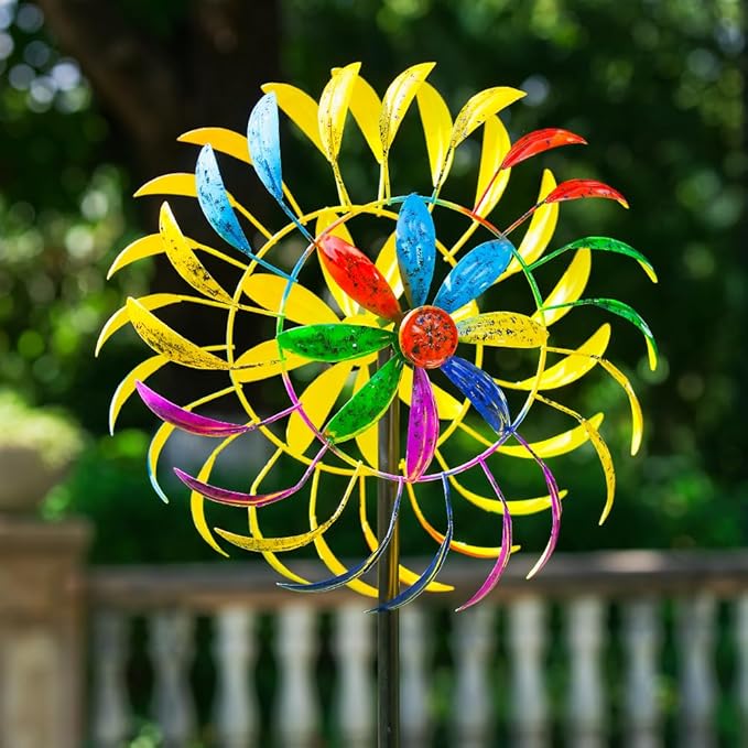 Wind Spinners Outdoor, Colorful Changing Garden Windmill for Yard Decor 65 inch, Unique Tree Leaf Design Metal Garden Wind Spinners，Gifts for Family Friends