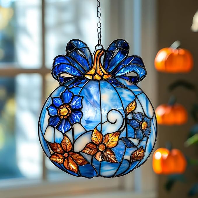Blue Floral Pumpkin Acrylic Suncatcher Stained Glass Effect Window Car Hanging Christmas Ornament Indoor Outdoor Decor Garden Sun Catcher Panel for Halloween Lover for Women Mom Grandma
