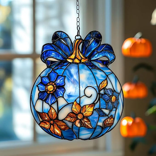 Blue Floral Pumpkin Acrylic Suncatcher Stained Glass Effect Window Car Hanging Christmas Ornament Indoor Outdoor Decor Garden Sun Catcher Panel for Halloween Lover for Women Mom Grandma