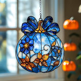 Blue Floral Pumpkin Acrylic Suncatcher Stained Glass Effect Window Car Hanging Christmas Ornament Indoor Outdoor Decor Garden Sun Catcher Panel for Halloween Lover for Women Mom Grandma