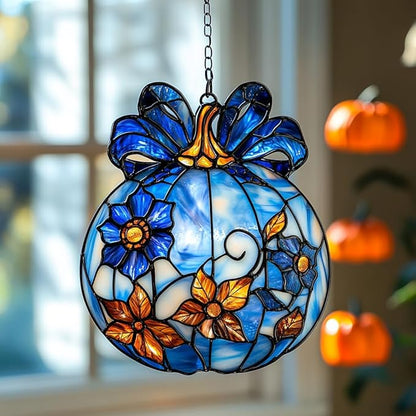 Blue Floral Pumpkin Acrylic Suncatcher Stained Glass Effect Window Car Hanging Christmas Ornament Indoor Outdoor Decor Garden Sun Catcher Panel for Halloween Lover for Women Mom Grandma