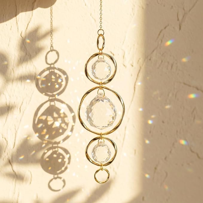 Crystal Suncatcher Wind Chimes, 2 Pcs Crystal Suncatcher Prisms Hanging Outdoor Wind Chimes, Prism Sun Catcher with Chain and Hook, Rainbow Maker for Ceiling Garden Home Indoor Ornaments