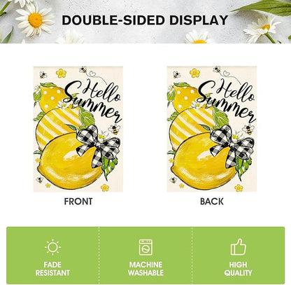 AVOIN colorlife Hello Summer House Flag 28x40 Inch Double Sided Outside, Lemon Bee Rustic Seasonal Yard Outdoor Flag