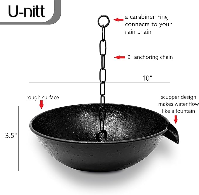 U-nitt 10" Spill Bowl Downspout Catch Basin for Rain Chain Anchoring & Stake | Rainwater Collection for Roof | Gutter Catch Basin | Good for Water Fountain & Birdbath | Black | Handles Heavy Rain
