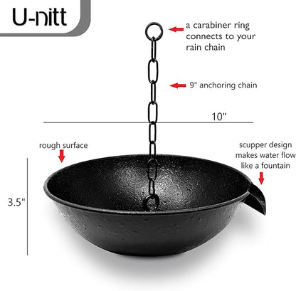 U-nitt 10" Spill Bowl Downspout Catch Basin for Rain Chain Anchoring & Stake | Rainwater Collection for Roof | Gutter Catch Basin | Good for Water Fountain & Birdbath | Black | Handles Heavy Rain