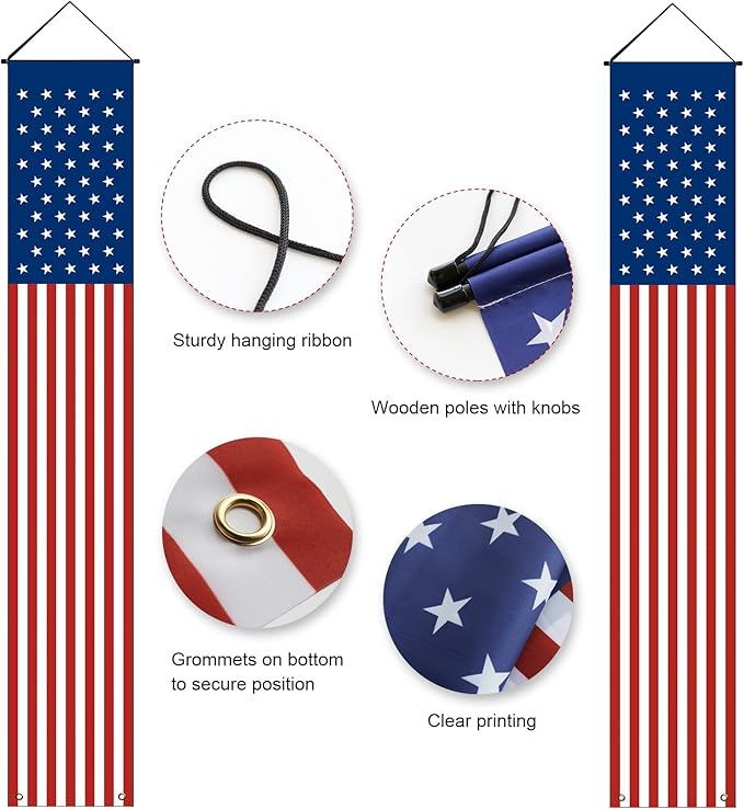 Memorial Day 4th of July Decorations, 2pcs 71x13 Inch Hanging American Flag Door Banner, America 250 Anniversary USA Flag for Home School Office Yard Front Porch Patio Garage Patriotic Décor