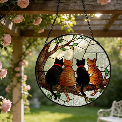 Black and Orange Cat Tree Stained Glass Window Hanging, Four Cats on Tree Branch Suncatcher Indoor Window Glass Round Wall Art Decor, 7.9x7.9 Inch
