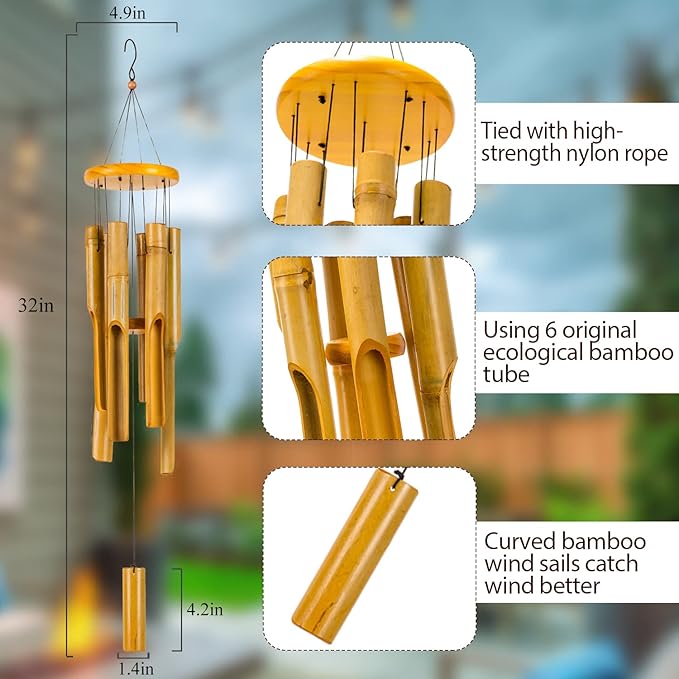 32-Inch Wooden Wind Chimes for Outside - Classic Zen Deep Tone for Relaxation, Patio, Garden, Home Outdoor or Indoor Decor