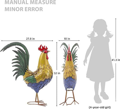 32" Metal Rooster Decor, Large Outdoor Garden Statues, Metal Chicken Sculpture for Backyard Patio Kitchen Decor