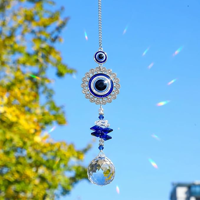 Crystal Suncatcher for Windows - Hanging Prism Sun Catchers with Crystal Balls&Blue Eye, Rainbow Maker for Home、 Garden、Car Decor (Round Eyes)