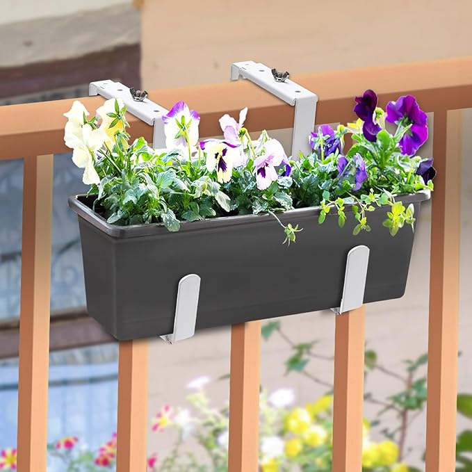 VIVIKEN Planter Box Brackets, Adjustable Flower Box Brackets for Deck Railing, 2 Pack No Drill Window Box Bracket for Outdoor Planters-White