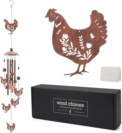Chicken Wind Chimes for Outside - Metal Windchimes Outdoors Chicken Gifts Rooster Garden Decor with Greeting Card for Women Men Mom Grandma Birthday Home Patio Porch Backyard Yard Decoration