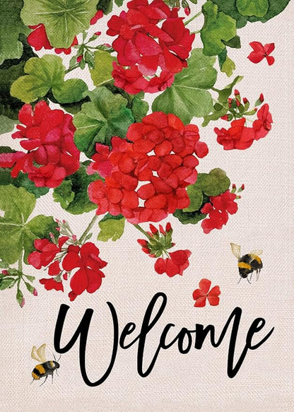 Welcome Spring Geranium Decorative Garden Flag, Red Floral Flowers Bee Yard Outside Decorations, Summer Farmhouse Outdoor Small Home Decor Double Sided 12 x 18