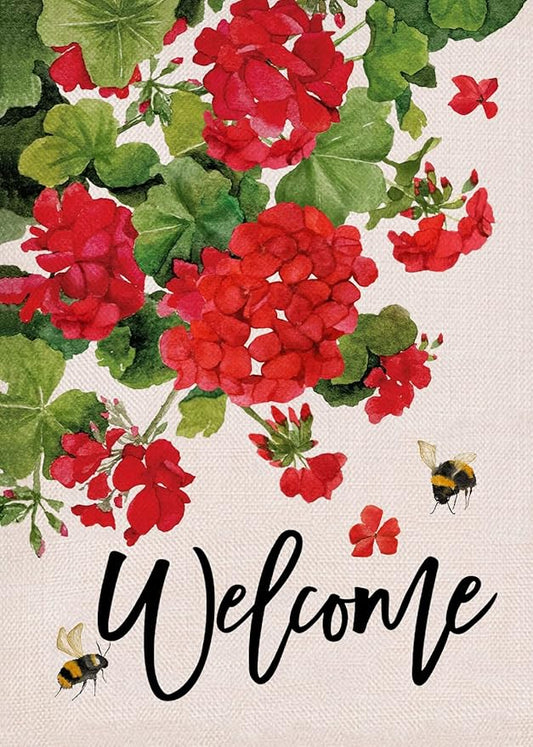 Welcome Spring Geranium Decorative Garden Flag, Red Floral Flowers Bee Yard Outside Decorations, Summer Farmhouse Outdoor Small Home Decor Double Sided 12 x 18