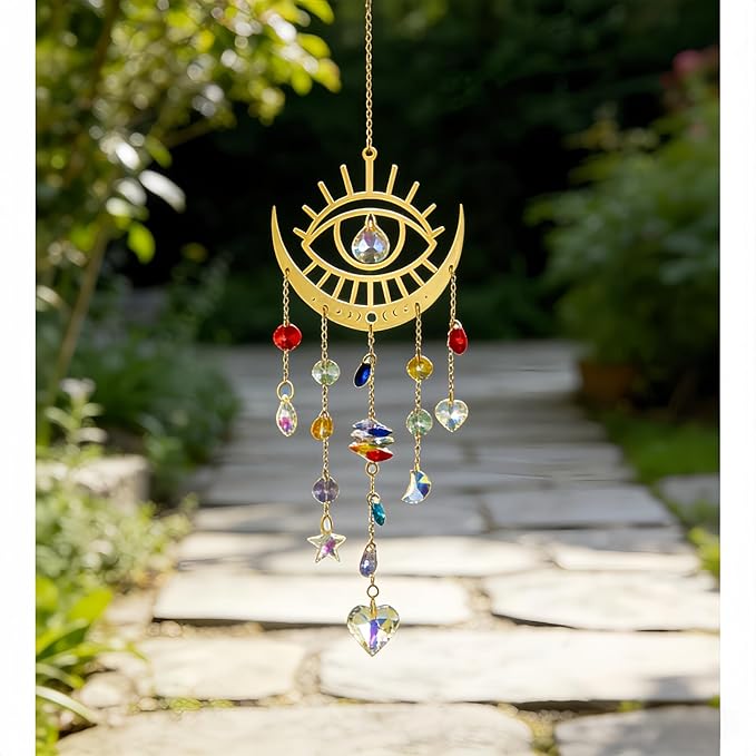 Bohemian Garden Crystal Suncatcher, Crystal Prism Suncatcher, Rainbow Maker, Hanging Crystals for Window, Garden Decoration (Evil Eye)