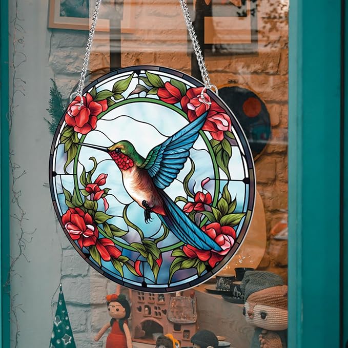 7.9'' Acrylic Window Suncatcher Decor,Stained Panel Hangings Decorative Acrylic Wall Decor Colorful Ornament Window Hangings for Outdoor Indoor Decor(Hummingbird-Blue)