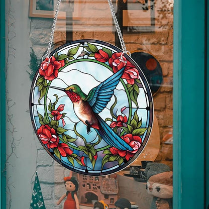 7.9'' Acrylic Window Suncatcher Decor,Stained Panel Hangings Decorative Acrylic Wall Decor Colorful Ornament Window Hangings for Outdoor Indoor Decor(Hummingbird-Blue)