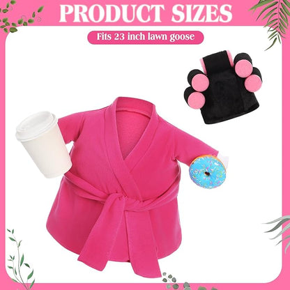 Shyyween Lady Porch Goose Outfits for 23'' Cement Plastic Geese Statue Clothes Hot Pink Bathrobe Curlers Coffee Cup for Outdoor Garden Lawn Yard Patio Decoration