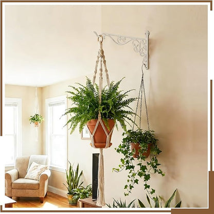 Landhoow 2 Pcs 15.6" Large Cast Iron Hanging Outdoor Wall Hanger White Heavy Duty Basket Hook Braces Vintage Decorative Shelf Garden Planter Flower Hook for Pot Lantern Wind Chime Hummingbird Feeder